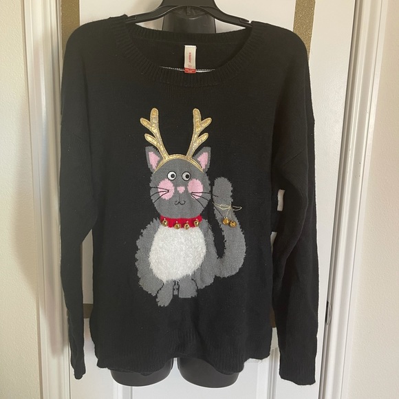 No Boundaries Cat with antlers Ugly Sweater - Picture 1 of 3